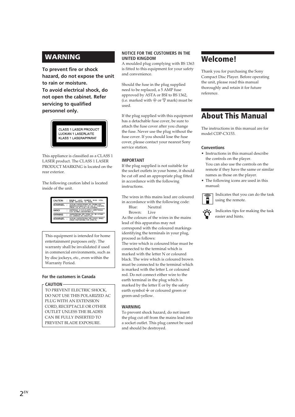 Welcome, About this manual, Warning | Sony CDP-CX153 User Manual | Page 2 / 93