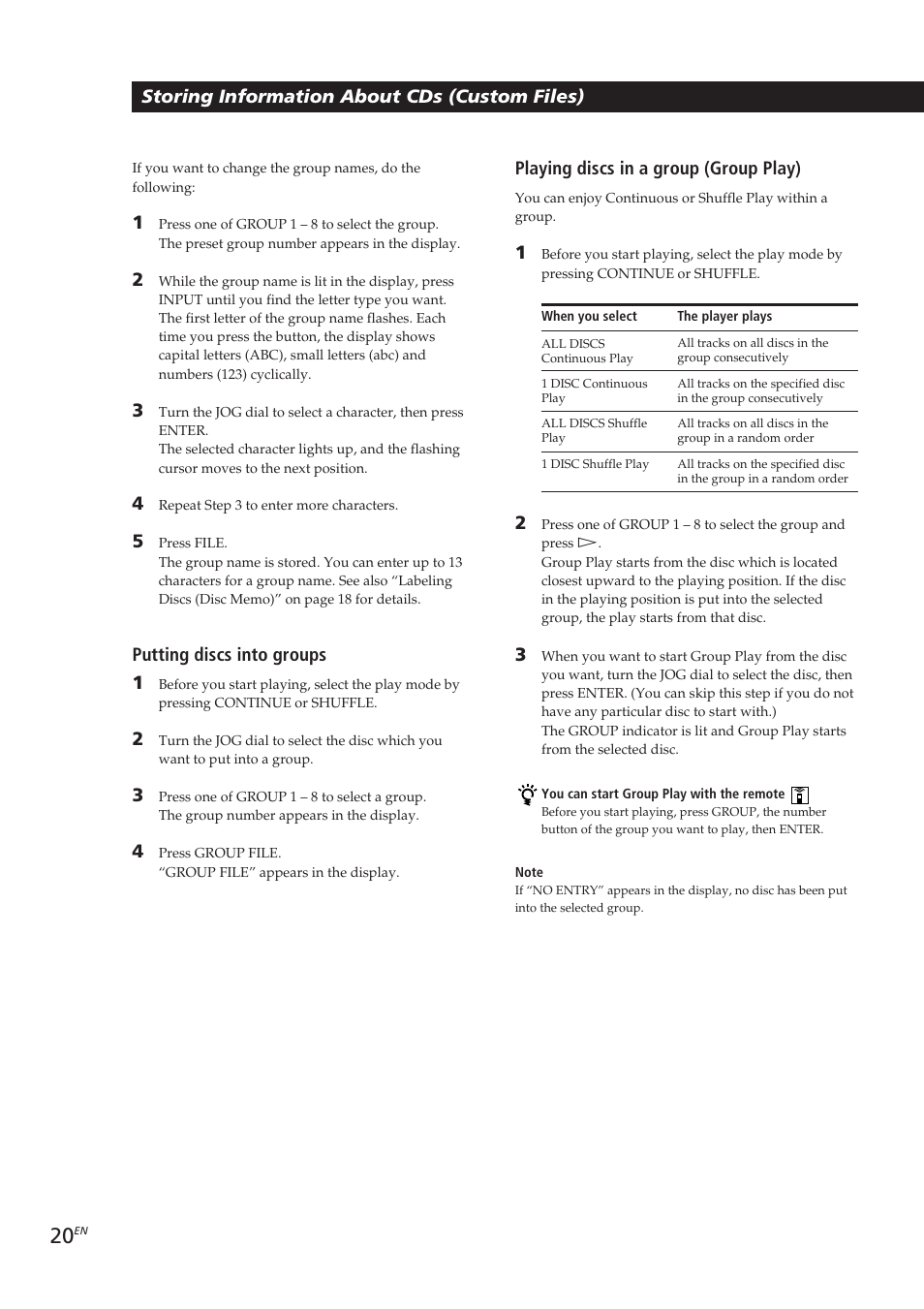 Storing information about cds (custom files), Putting discs into groups 1, Playing discs in a group (group play) | Sony CDP-CX153 User Manual | Page 20 / 93