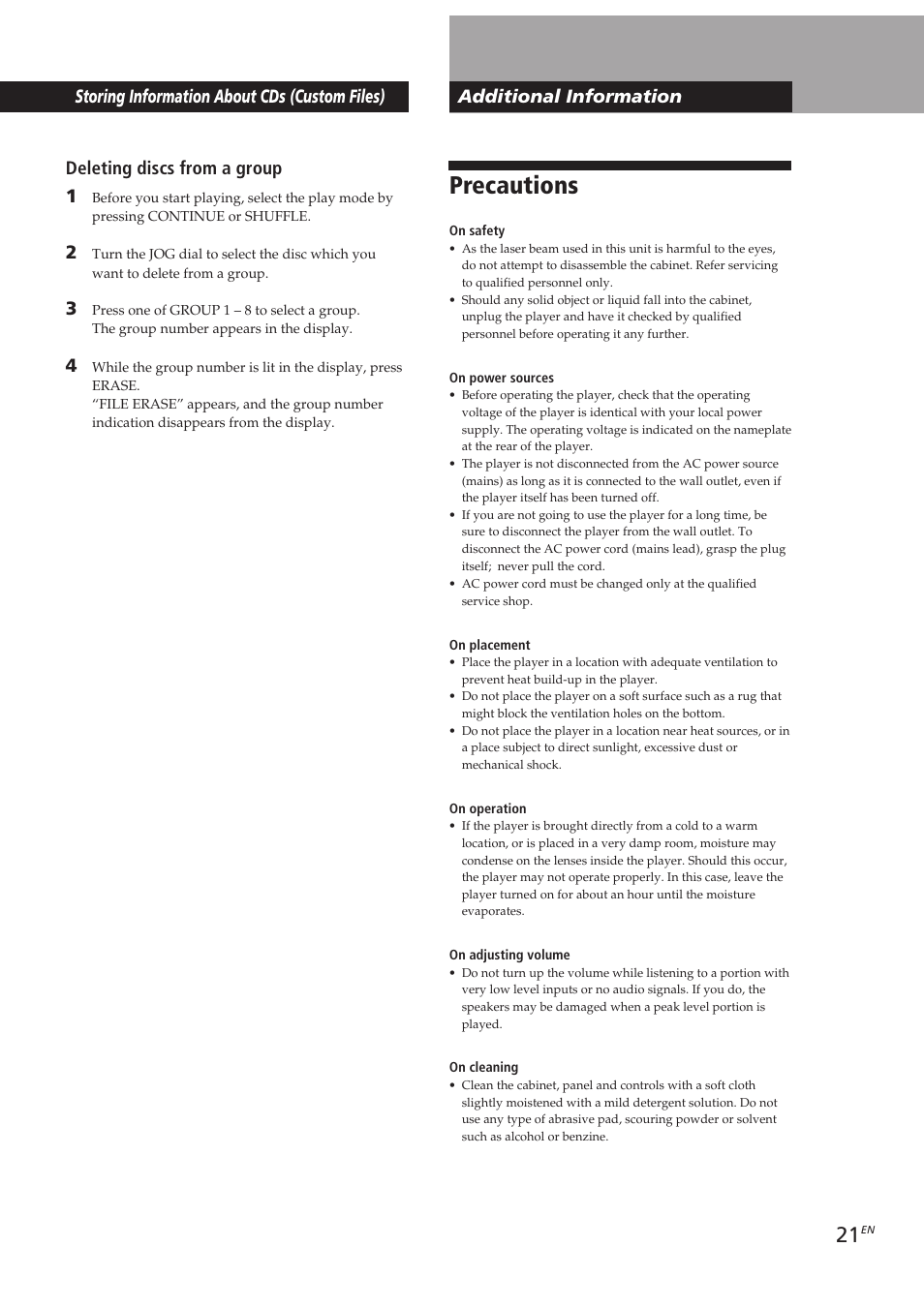 Precautions, Locating a scene or track you want, Deleting discs from a group 1 | Sony CDP-CX153 User Manual | Page 21 / 93