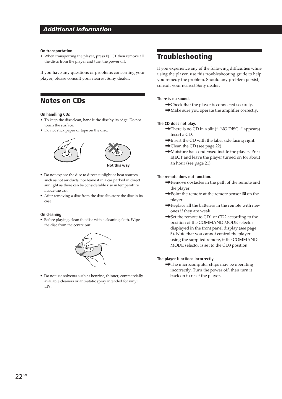 Troubleshooting, Additional information | Sony CDP-CX153 User Manual | Page 22 / 93