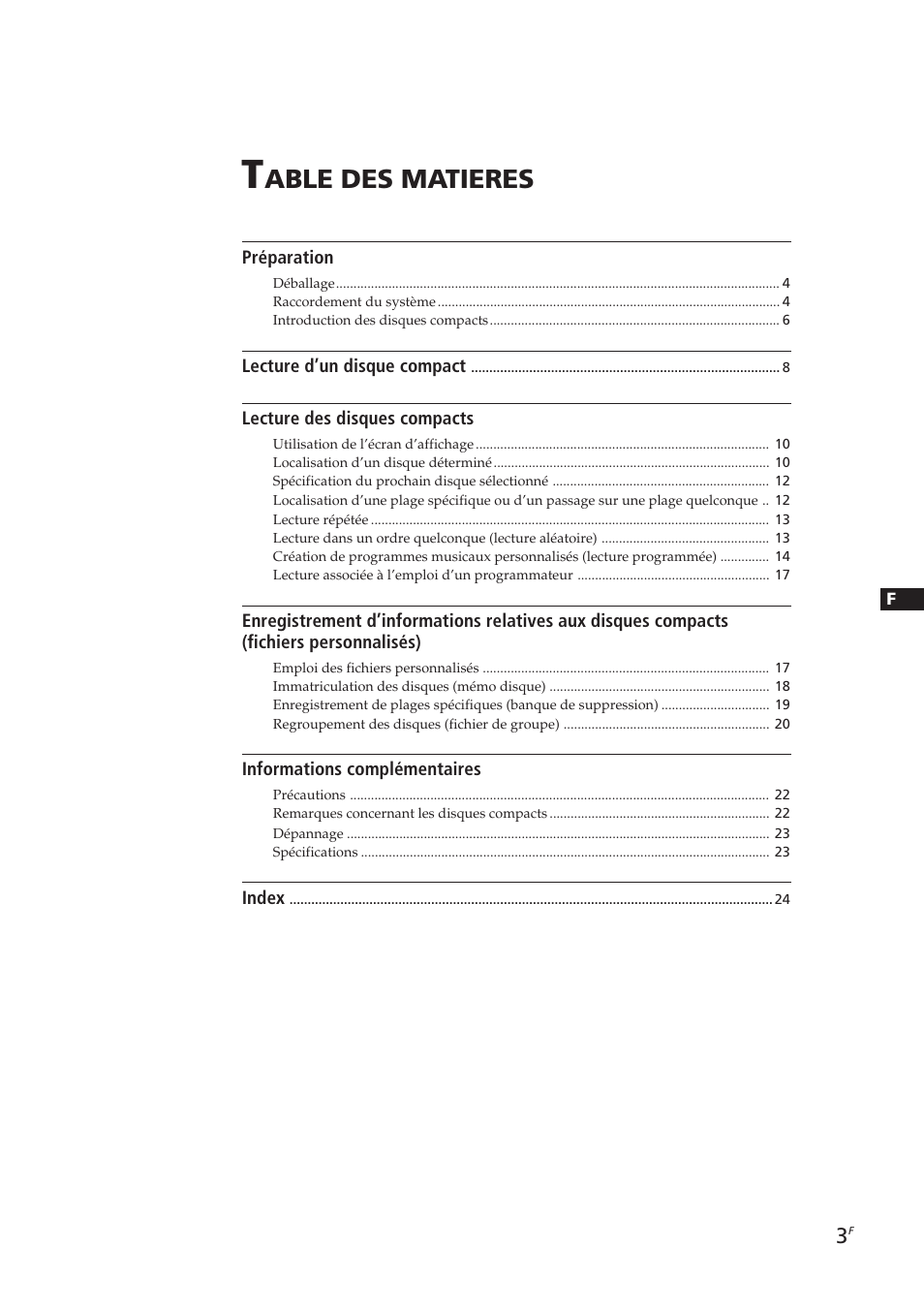 Able des matieres | Sony CDP-CX153 User Manual | Page 26 / 93