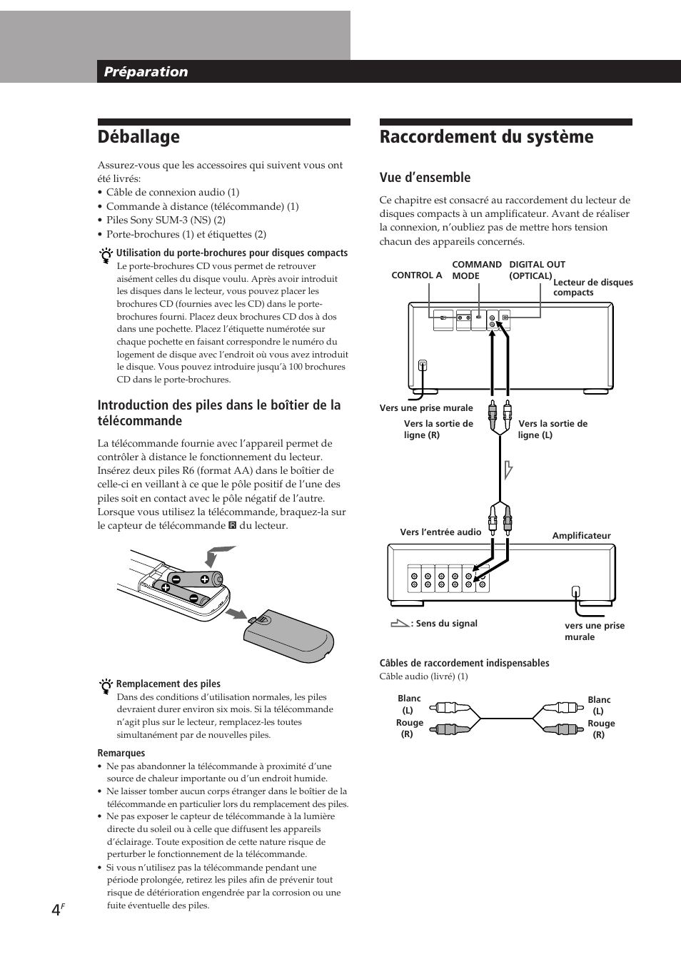 Raccordement du système, Déballage, Vue d’ensemble | Préparation | Sony CDP-CX153 User Manual | Page 27 / 93