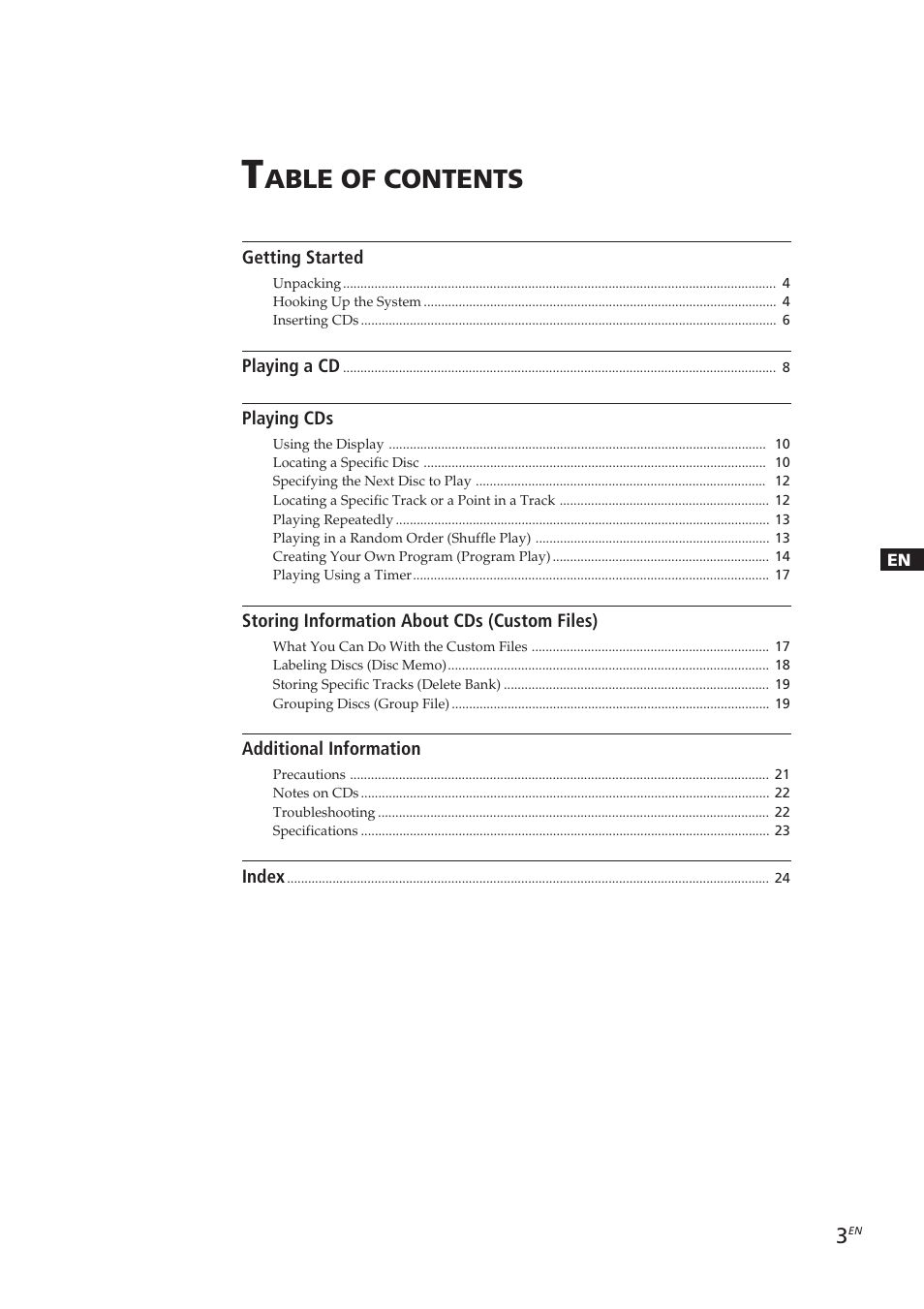 Able of contents | Sony CDP-CX153 User Manual | Page 3 / 93