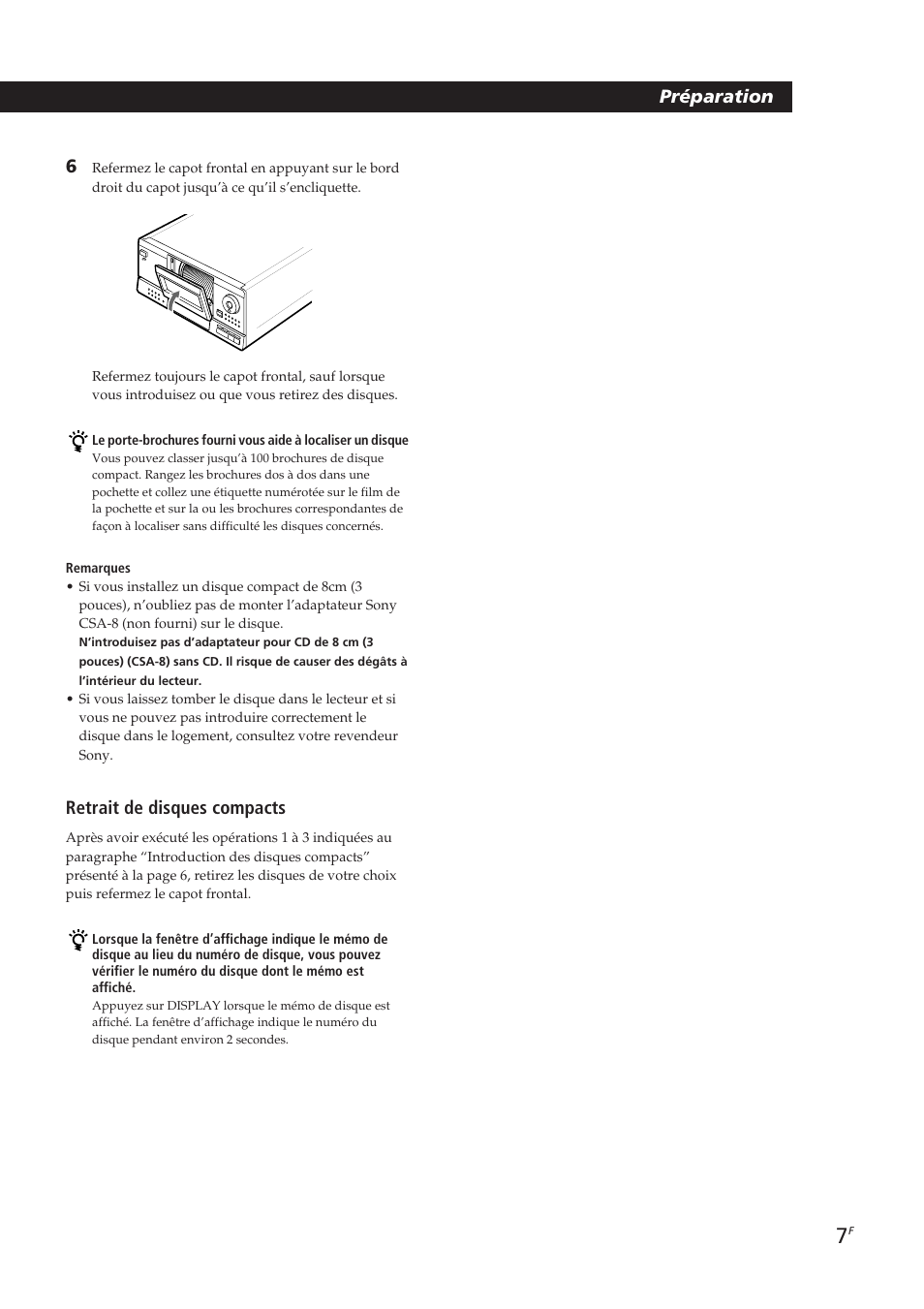 Préparation 6, Retrait de disques compacts | Sony CDP-CX153 User Manual | Page 30 / 93