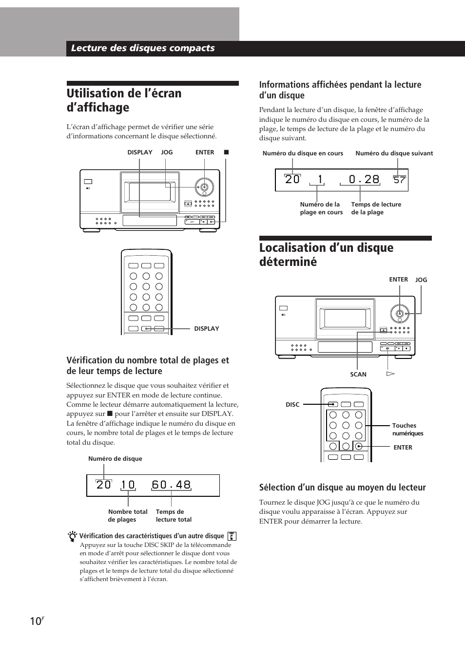 Utilisation de l’écran d’affichage, Localisation d’un disque déterminé, Lecture des disques compacts | Sélection d’un disque au moyen du lecteur | Sony CDP-CX153 User Manual | Page 33 / 93