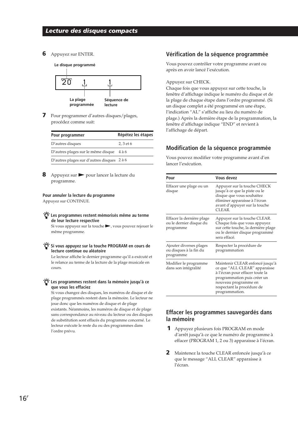 Lecture des disques compacts, Vérification de la séquence programmée, Modification de la séquence programmée | Effacer les programmes sauvegardés dans la mémoire | Sony CDP-CX153 User Manual | Page 39 / 93