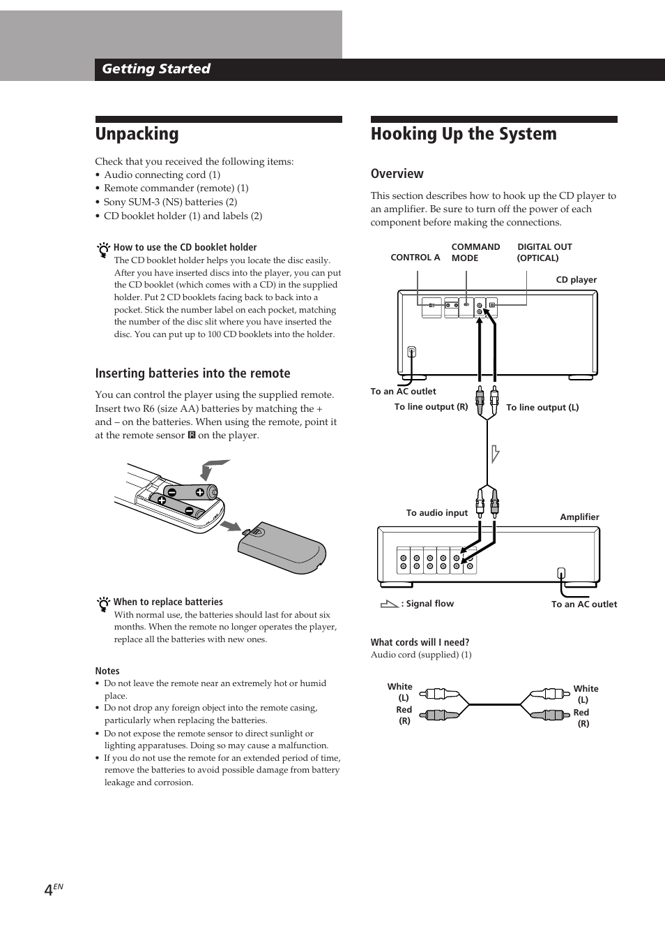 Hooking up the system, Unpacking, Getting started | Overview, Inserting batteries into the remote | Sony CDP-CX153 User Manual | Page 4 / 93