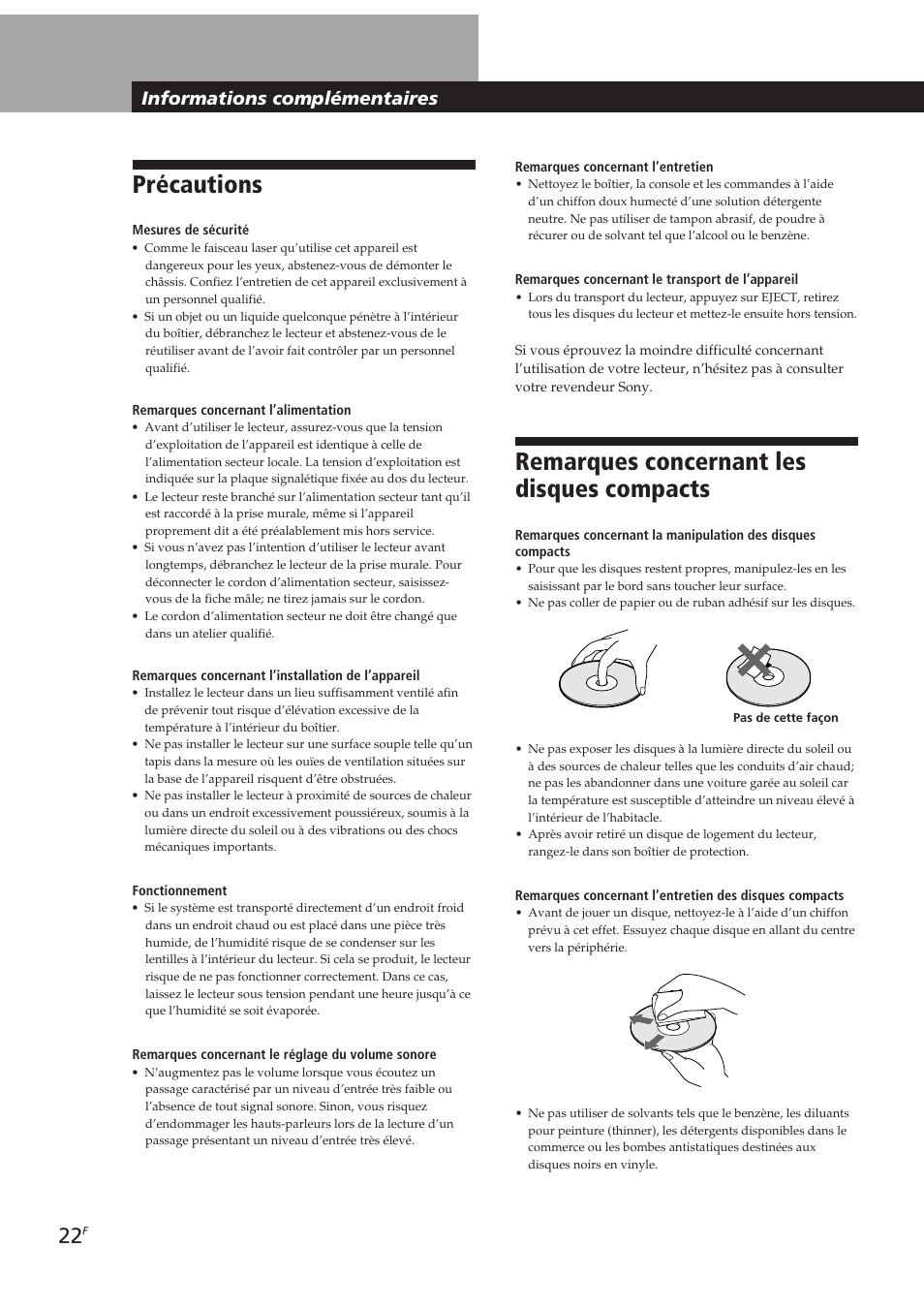 Précautions, Remarques concernant les disques compacts, Informations complémentaires | Sony CDP-CX153 User Manual | Page 45 / 93