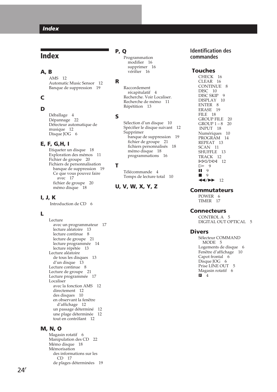 Additional information, Index, A, b | E, f, g,h, i, I, j, k, M, n, o, Identification des commandes touches, Commutateurs, Connecteurs, Divers | Sony CDP-CX153 User Manual | Page 47 / 93