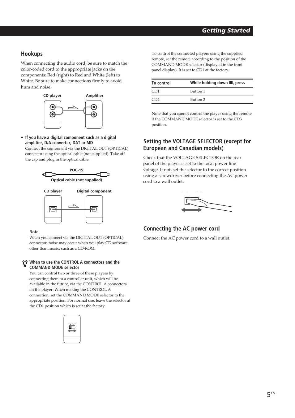 Playing cds getting started getting started, Hookups, Connecting the ac power cord | Sony CDP-CX153 User Manual | Page 5 / 93