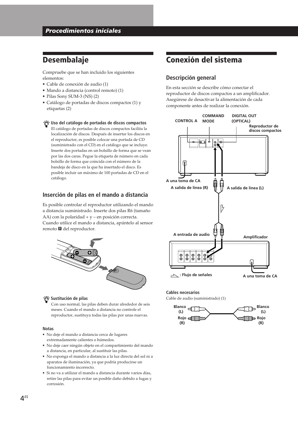 Conexión del sistema, Desembalaje, Procedimientos iniciales | Descripción general, Inserción de pilas en el mando a distancia | Sony CDP-CX153 User Manual | Page 50 / 93