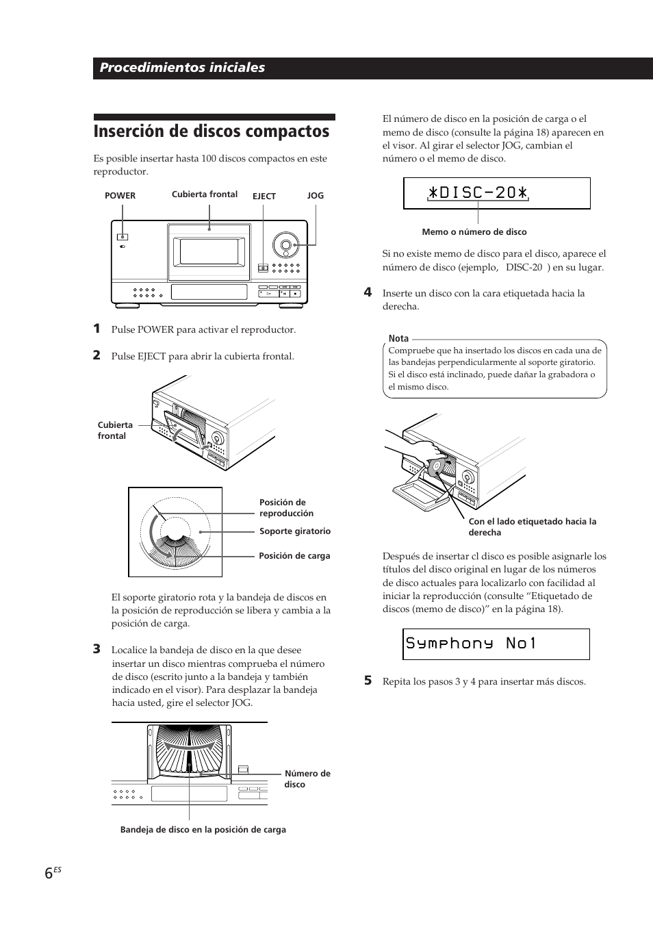 Inserción de discos compactos, S y 1, Procedimientos iniciales | Sony CDP-CX153 User Manual | Page 52 / 93