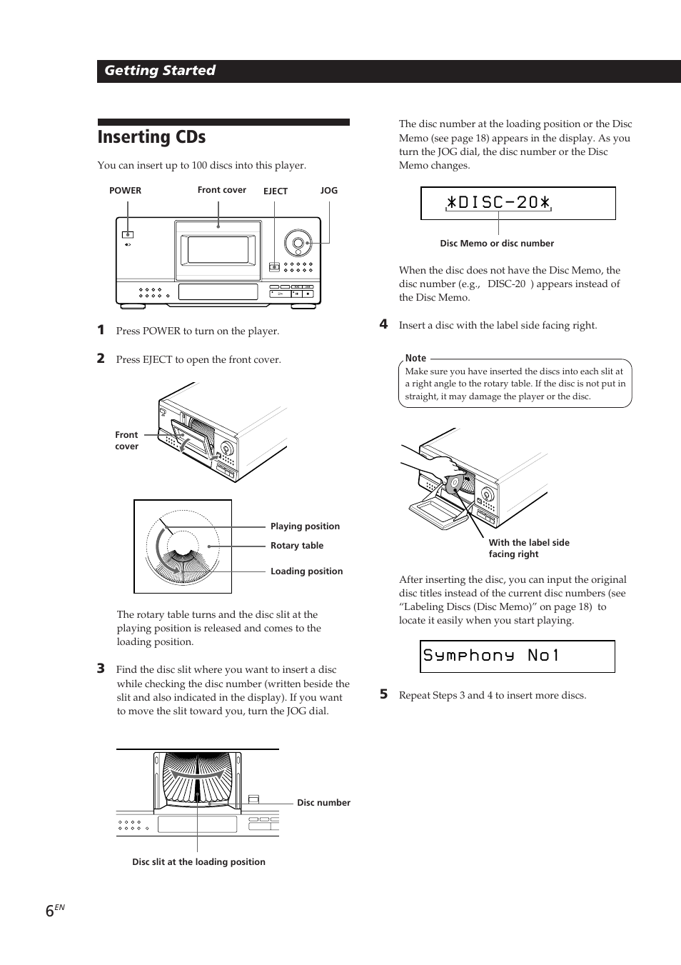 Inserting cds, S y 1, Getting started | Sony CDP-CX153 User Manual | Page 6 / 93
