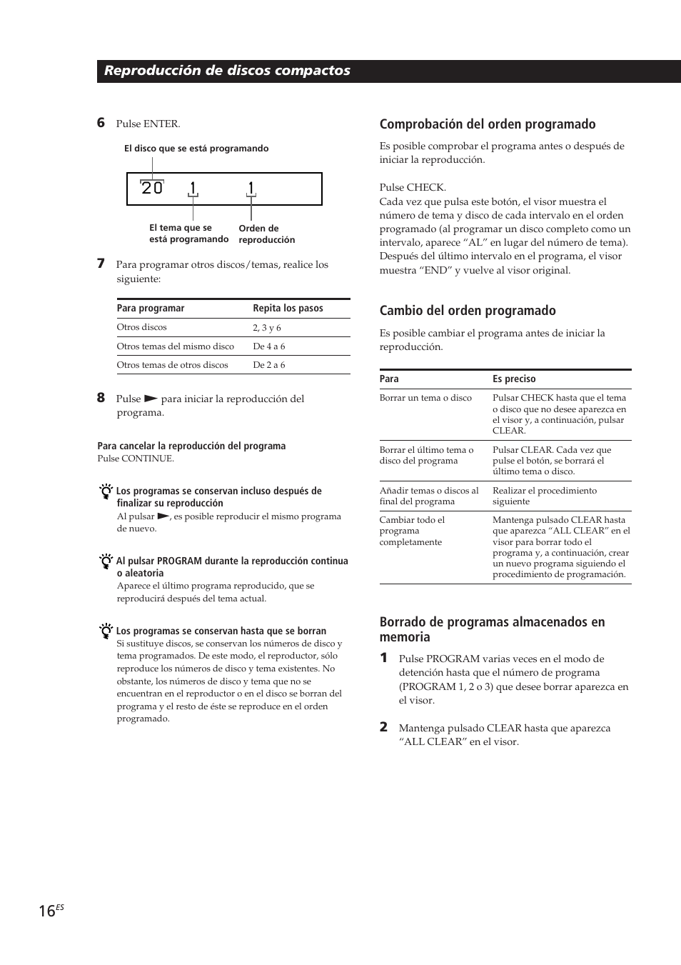 Reproducción de discos compactos, Comprobación del orden programado, Cambio del orden programado | Sony CDP-CX153 User Manual | Page 62 / 93