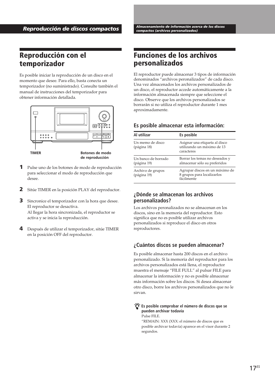 Reproducción con el temporizador, Funciones de los archivos personalizados | Sony CDP-CX153 User Manual | Page 63 / 93