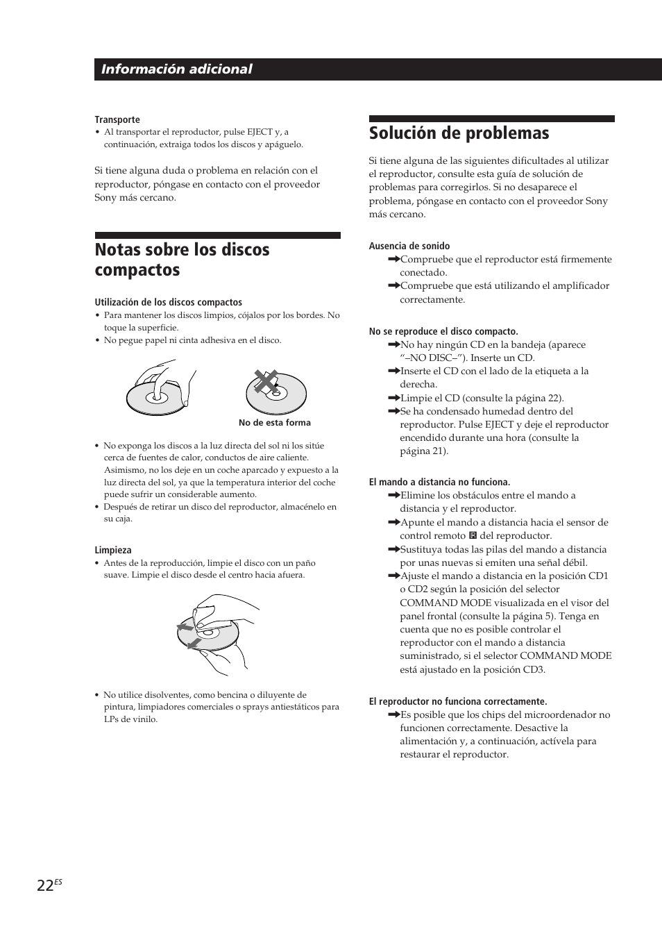 Notas sobre los discos compactos, Solución de problemas, Información adicional | Sony CDP-CX153 User Manual | Page 68 / 93