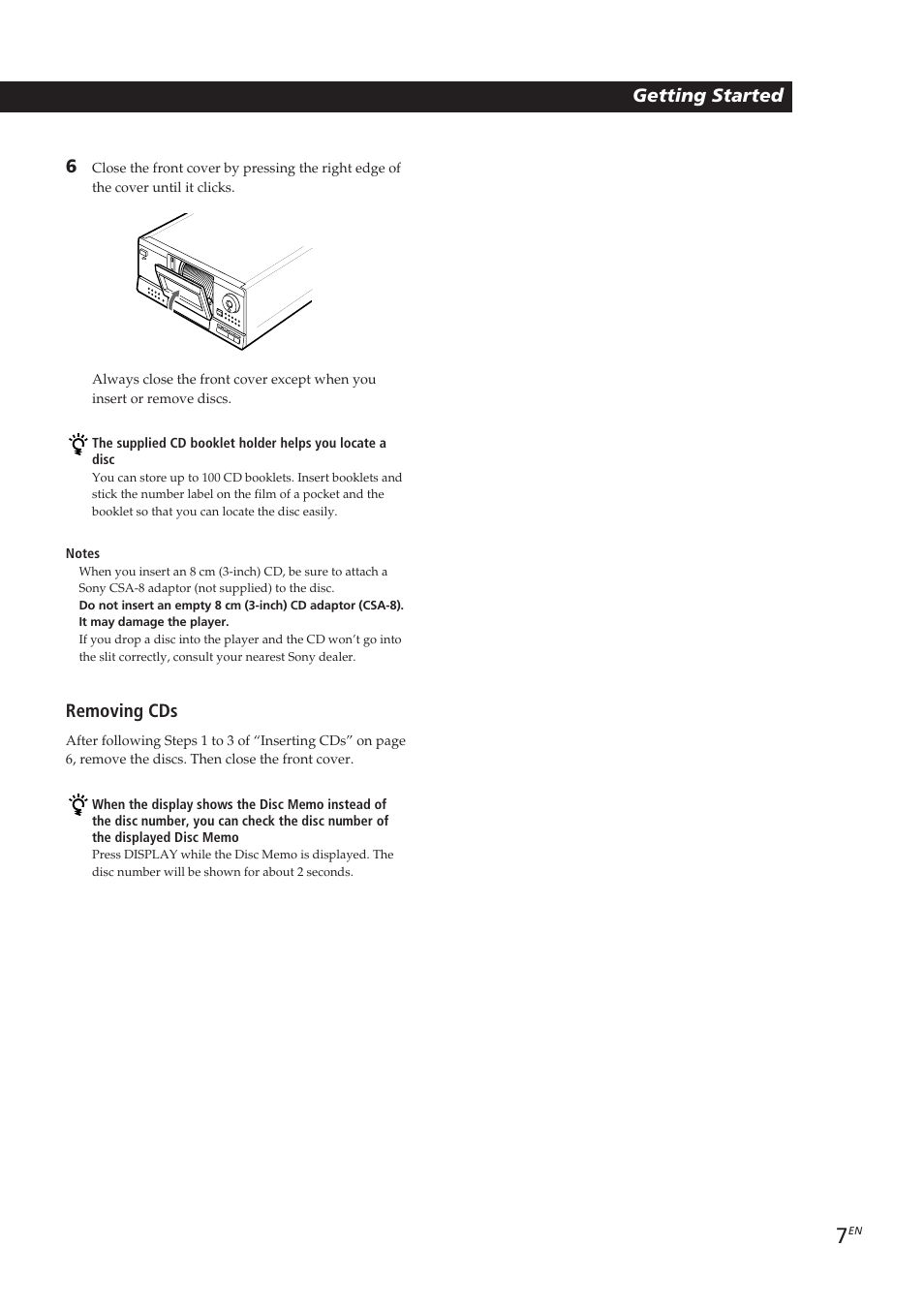 Playing cds getting started getting started, Removing cds | Sony CDP-CX153 User Manual | Page 7 / 93