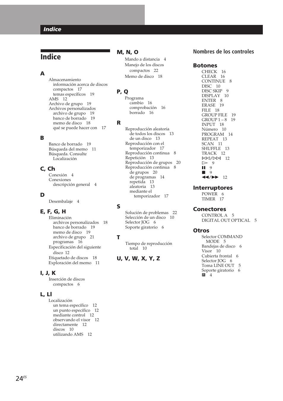 Indice, Indice m, n, o, P, q | U, v, w, x, y, z nombres de los controles botones, Interruptores, Conectores, Otros, C, ch, E, f, g, h, I, j, k | Sony CDP-CX153 User Manual | Page 70 / 93