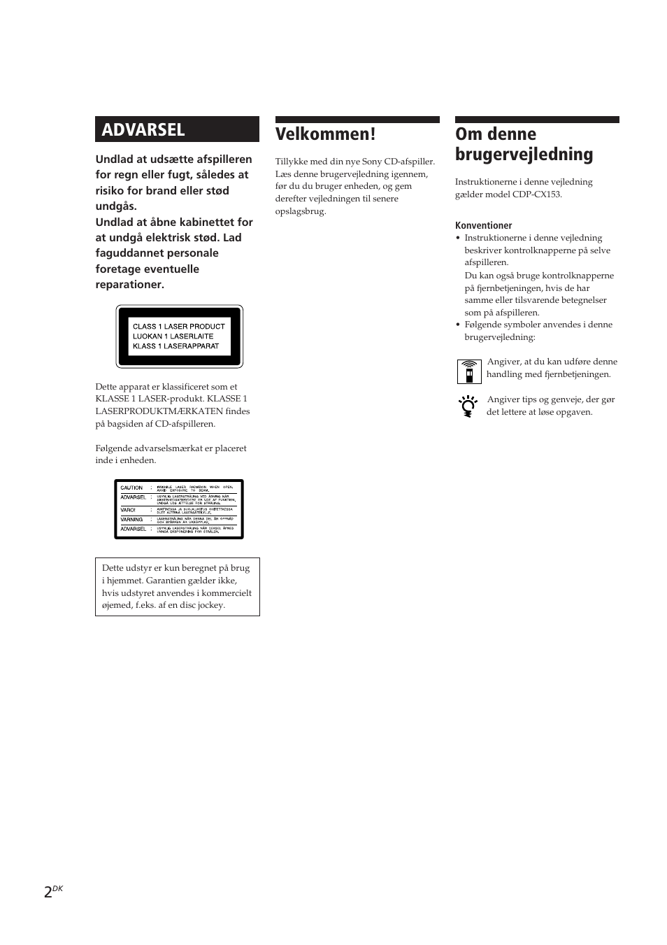 Advarsel, Velkommen, Om denne brugervejledning | Sony CDP-CX153 User Manual | Page 71 / 93