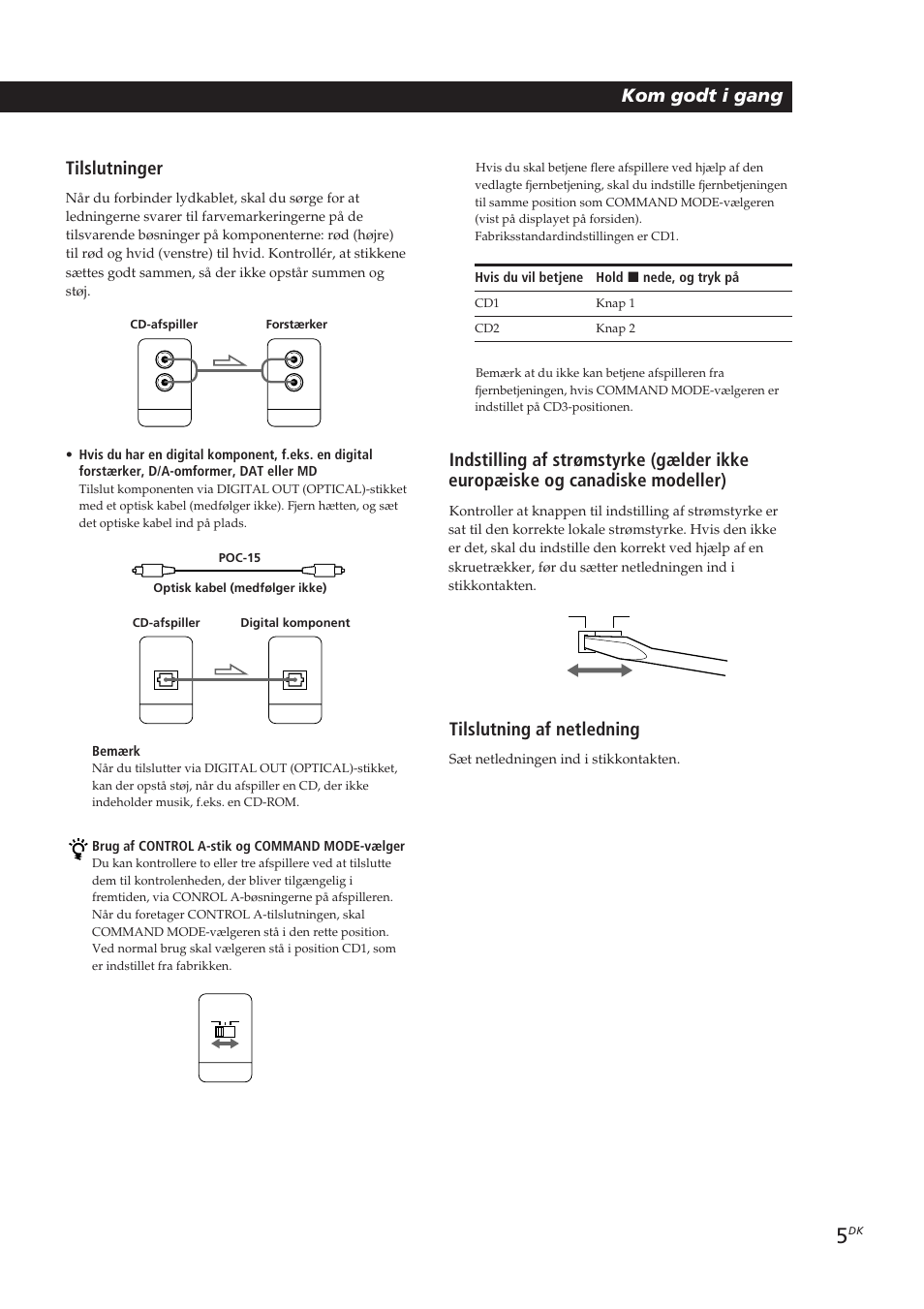 Playing cds getting started kom godt i gang, Tilslutninger, Tilslutning af netledning | Sony CDP-CX153 User Manual | Page 74 / 93