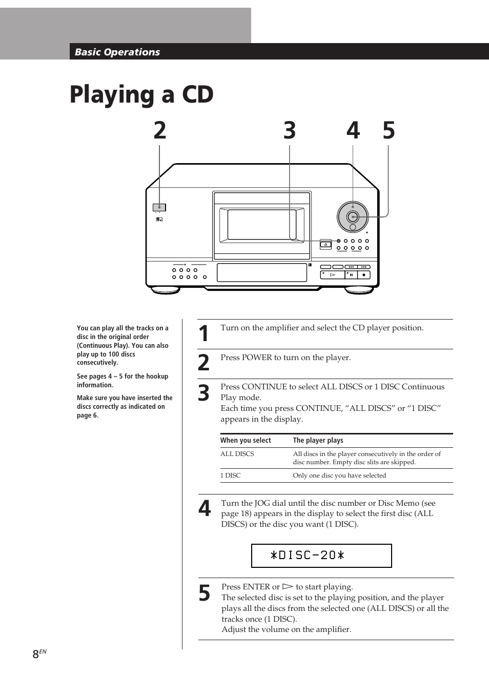 Playing a cd 2 3 4 5, Basic operations | Sony CDP-CX153 User Manual | Page 8 / 93