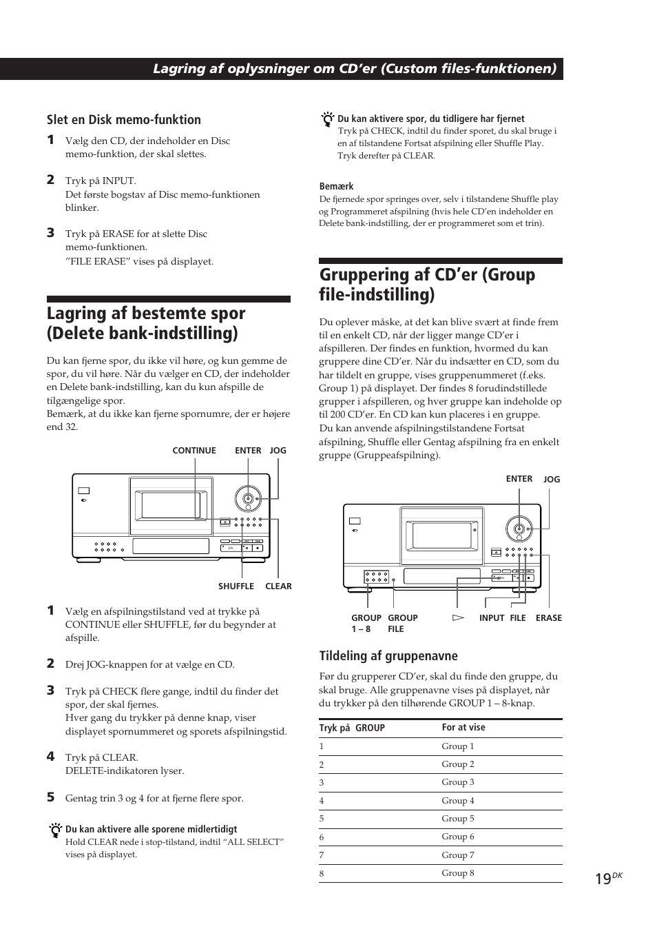Lagring af bestemte spor (delete bank-indstilling), Gruppering af cd’er (group file-indstilling), Locating a scene or track you want | Tildeling af gruppenavne | Sony CDP-CX153 User Manual | Page 88 / 93