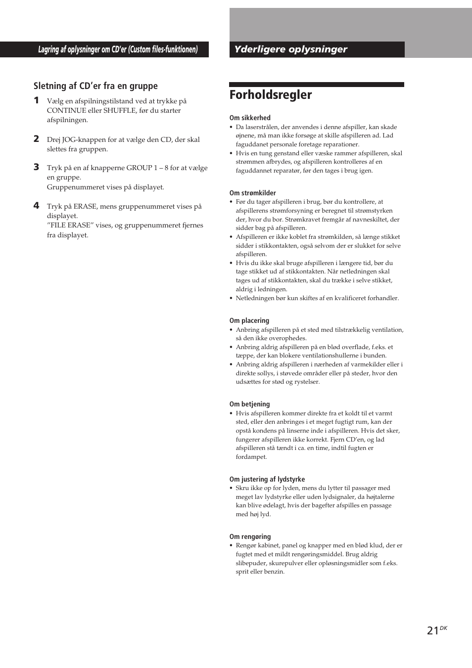 Forholdsregler, Locating a scene or track you want, Sletning af cd’er fra en gruppe 1 | Sony CDP-CX153 User Manual | Page 90 / 93