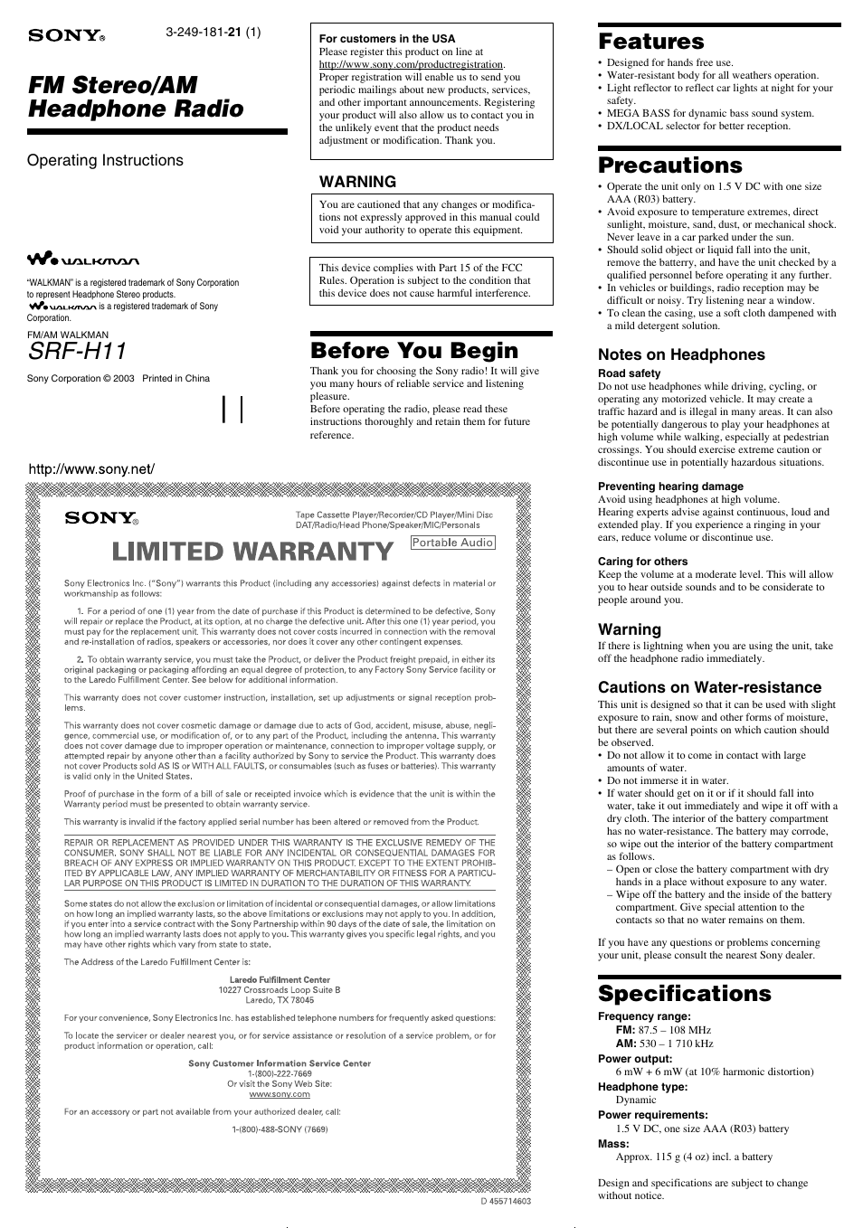 Sony SRF-H11 User Manual | 2 pages