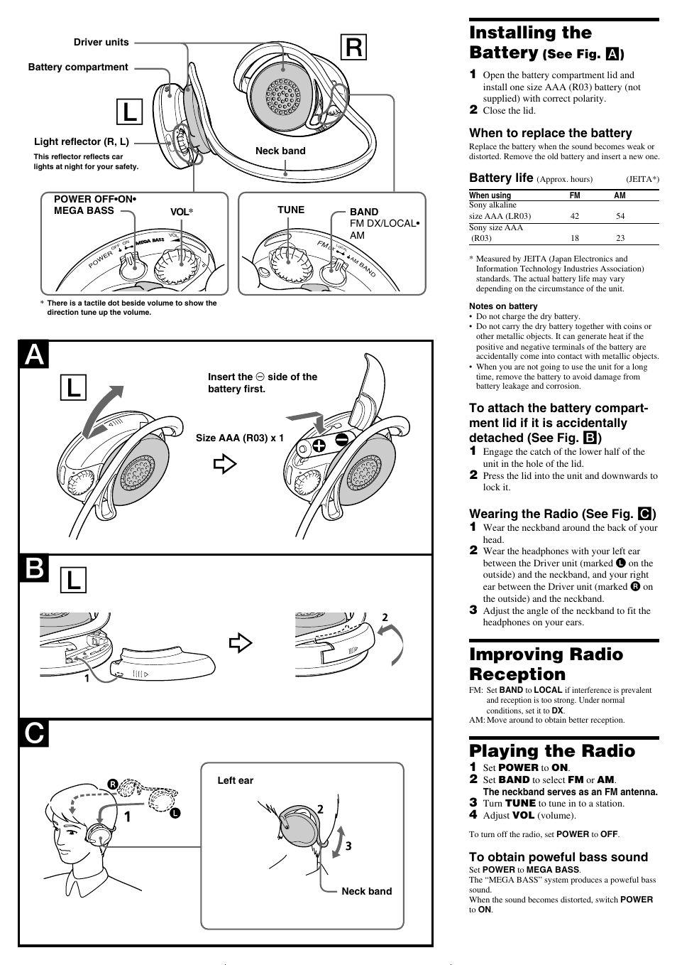 Installing the battery, Improving radio reception, Playing the radio | Sony SRF-H11 User Manual | Page 2 / 2