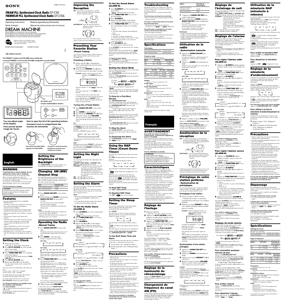 Sony Dream Machine ICF-C763L User Manual | 2 pages