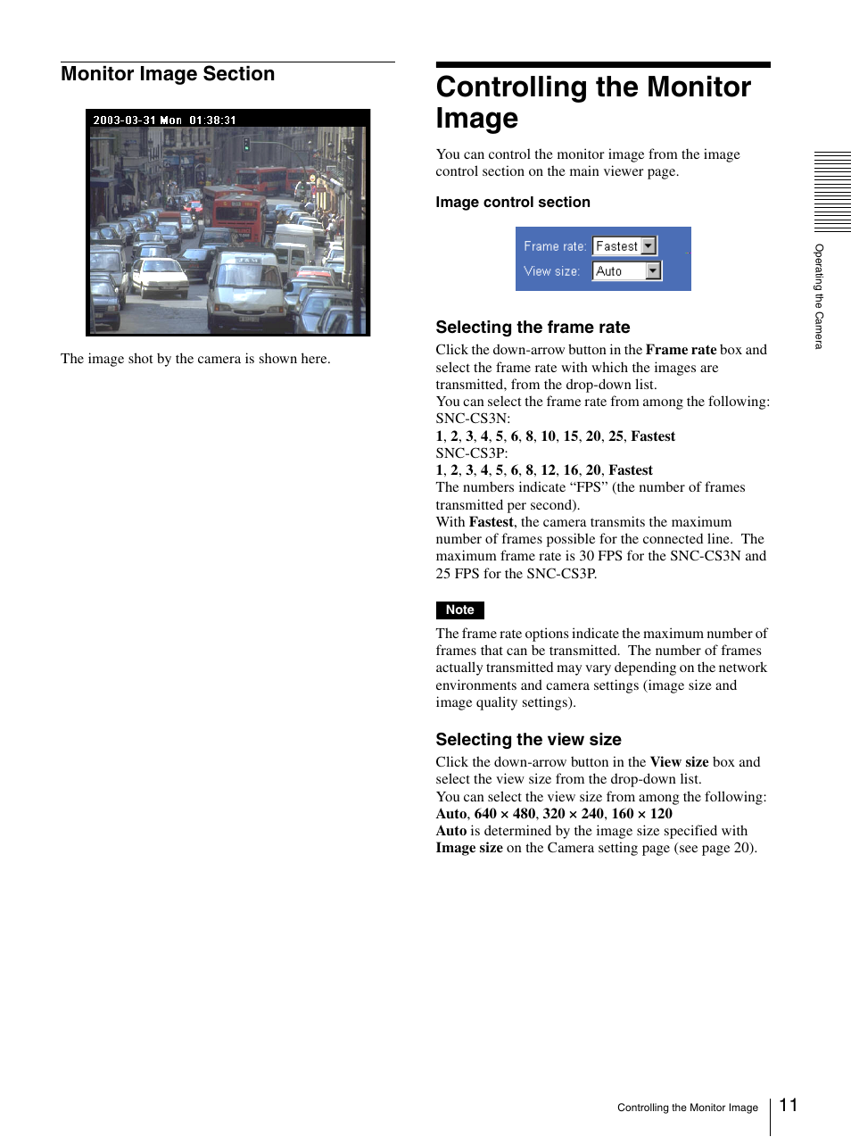 Monitor image section, Controlling the monitor image | Sony SNC-CS3N User Manual | Page 11 / 52
