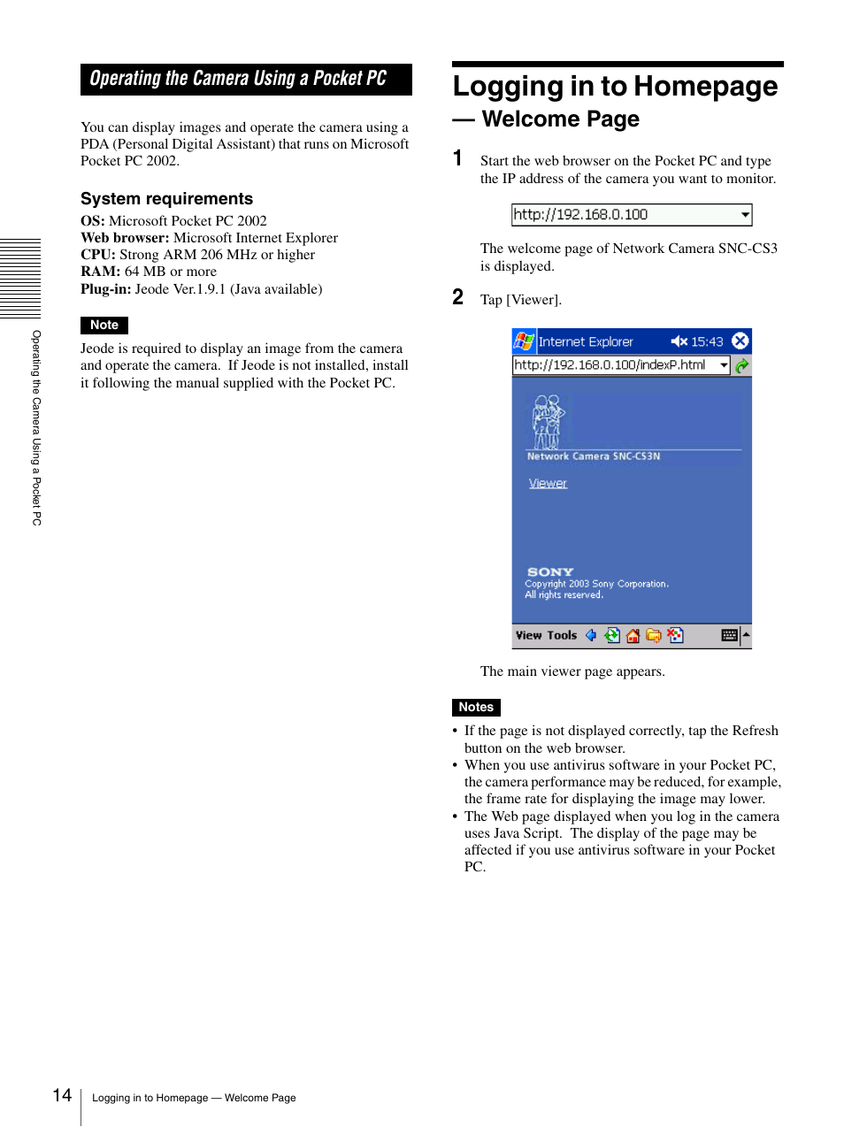 Operating the camera using a pocket pc, Logging in to homepage, Welcome page 1 | System requirements | Sony SNC-CS3N User Manual | Page 14 / 52