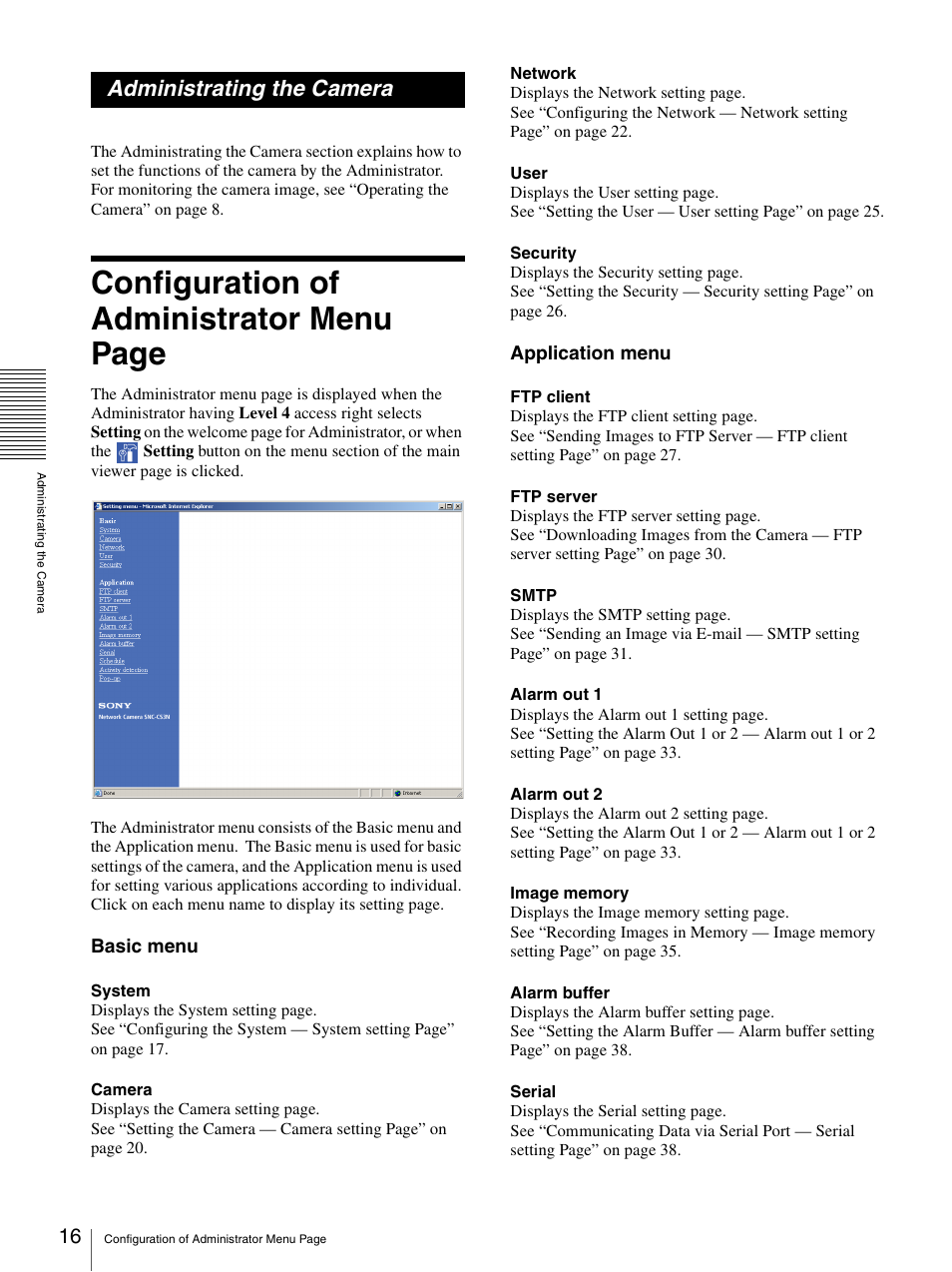 Administrating the camera, Configuration of administrator menu page | Sony SNC-CS3N User Manual | Page 16 / 52