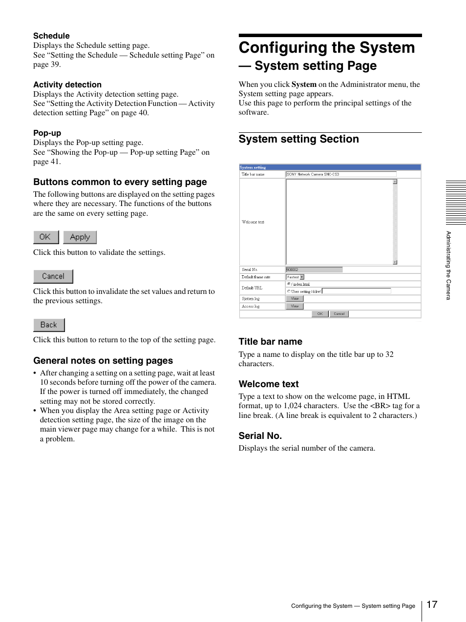 System setting section, Configuring the system, System setting page | Sony SNC-CS3N User Manual | Page 17 / 52