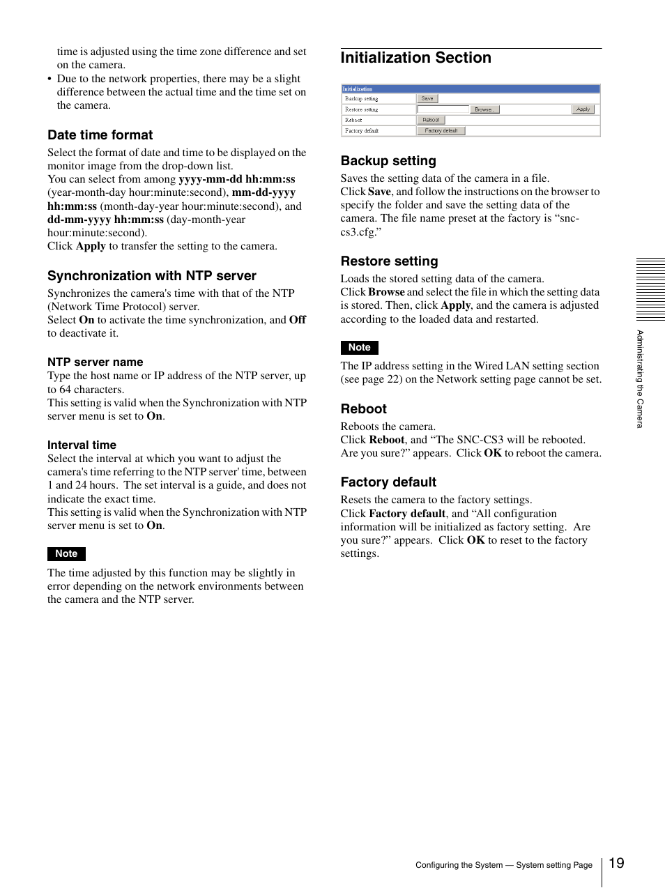 Initialization section, Date time format, Synchronization with ntp server | Backup setting, Restore setting, Reboot, Factory default | Sony SNC-CS3N User Manual | Page 19 / 52