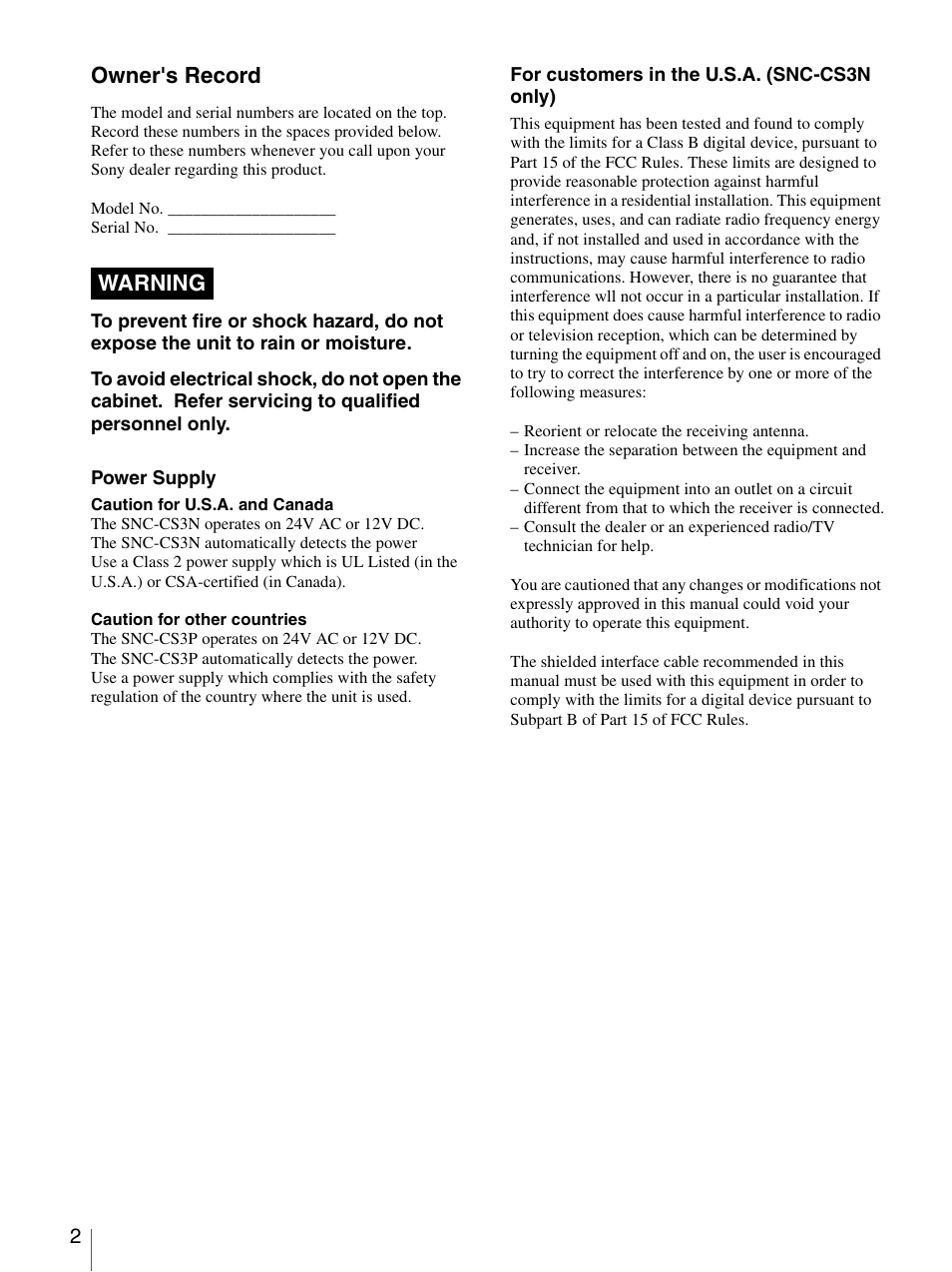 Owner's record, Warning | Sony SNC-CS3N User Manual | Page 2 / 52