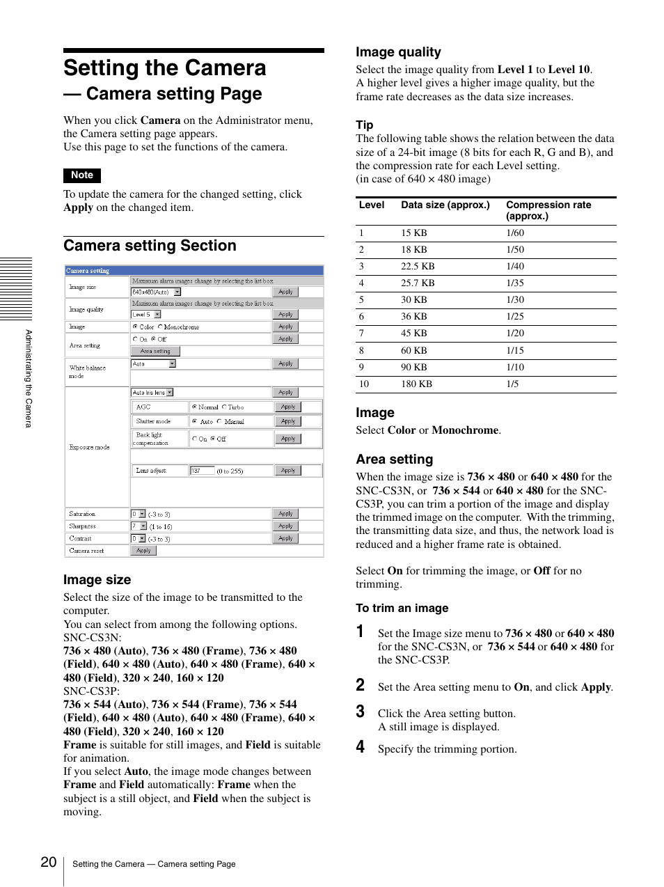 Camera setting section, Setting the camera, Camera setting page | Image size, Image quality, Image, Area setting | Sony SNC-CS3N User Manual | Page 20 / 52