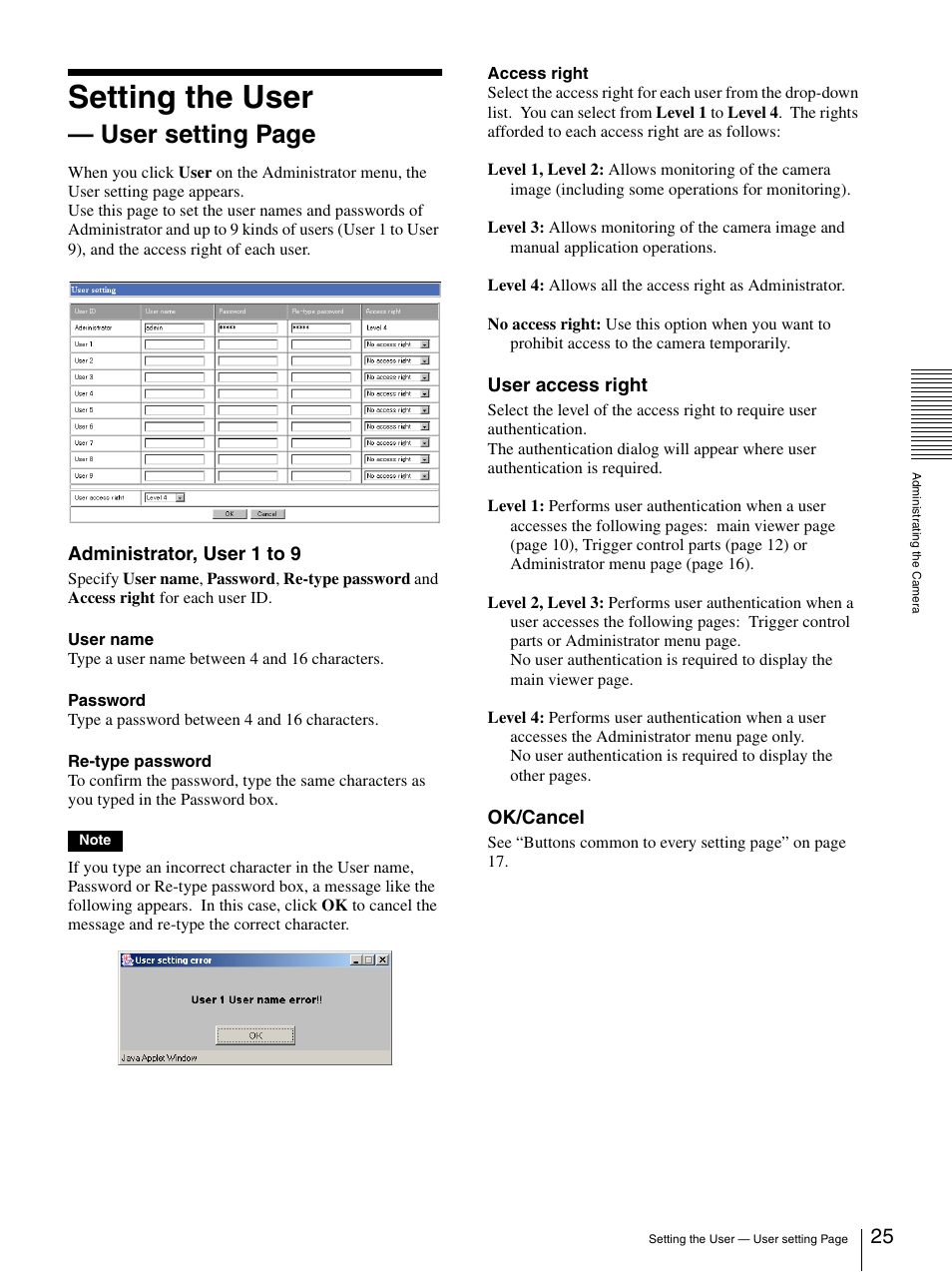 Setting the user, User setting page | Sony SNC-CS3N User Manual | Page 25 / 52