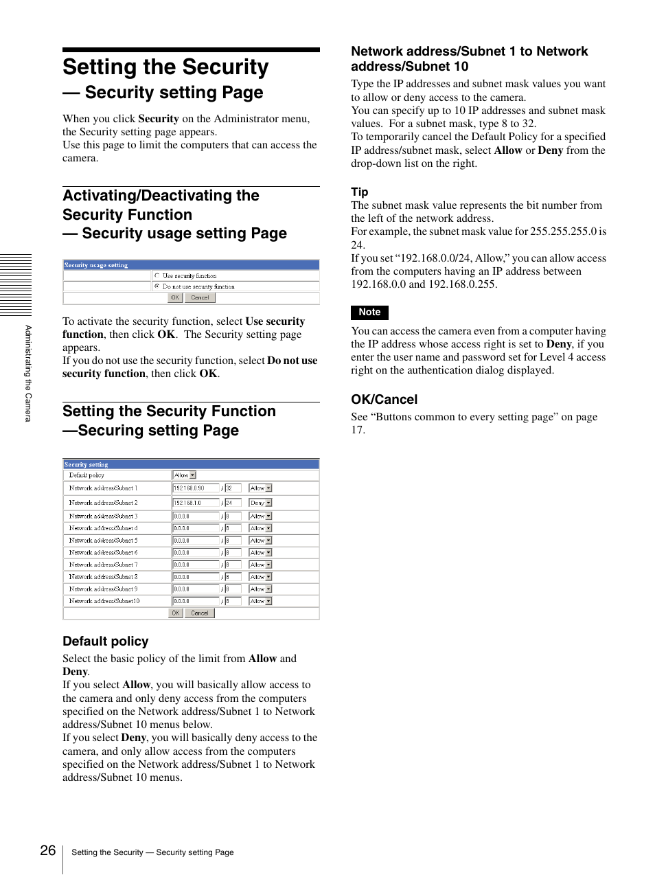 Activating/deactivating the security function, Setting the security function, Setting the security | Security setting page | Sony SNC-CS3N User Manual | Page 26 / 52