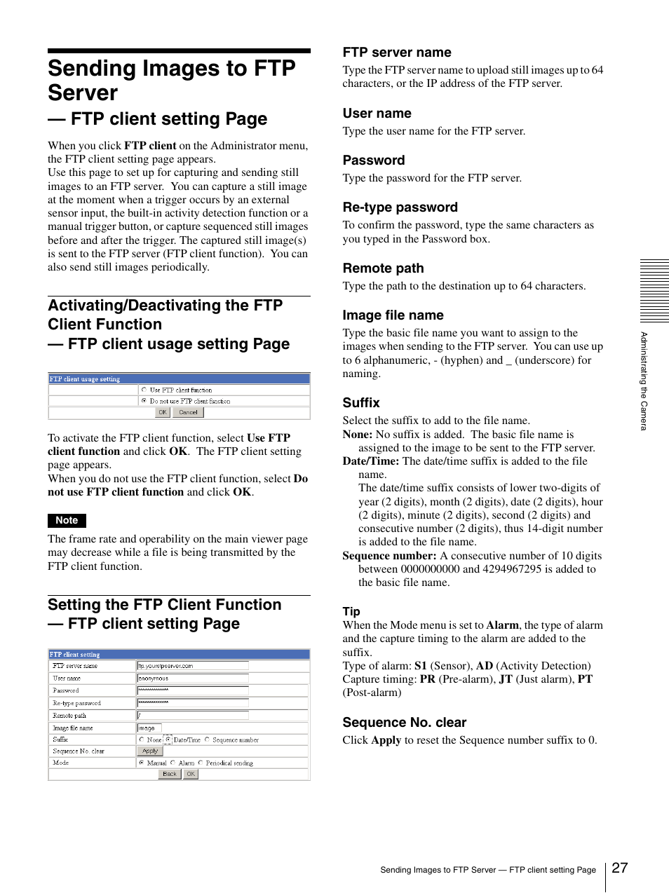 Activating/deactivating the ftp client function, Setting the ftp client function, Sending images to ftp server | Ftp client setting page | Sony SNC-CS3N User Manual | Page 27 / 52