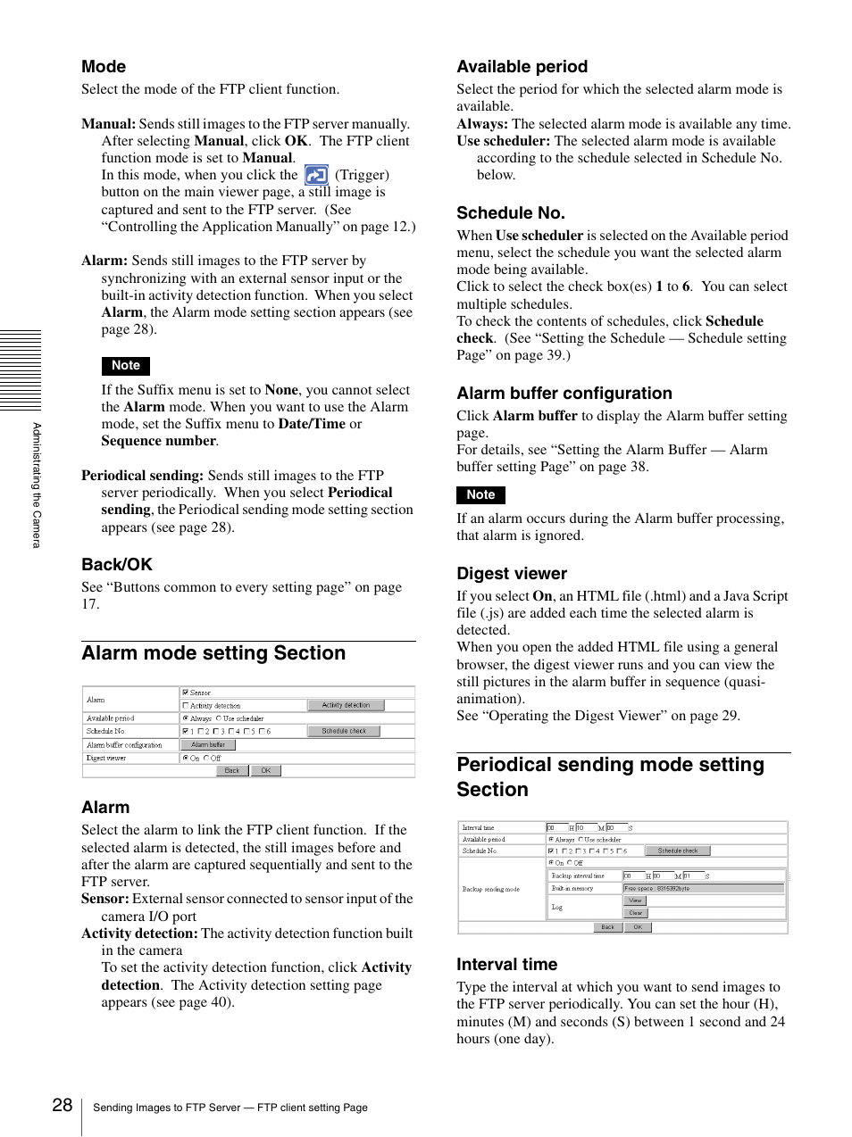 Alarm mode setting section, Periodical sending mode setting section | Sony SNC-CS3N User Manual | Page 28 / 52