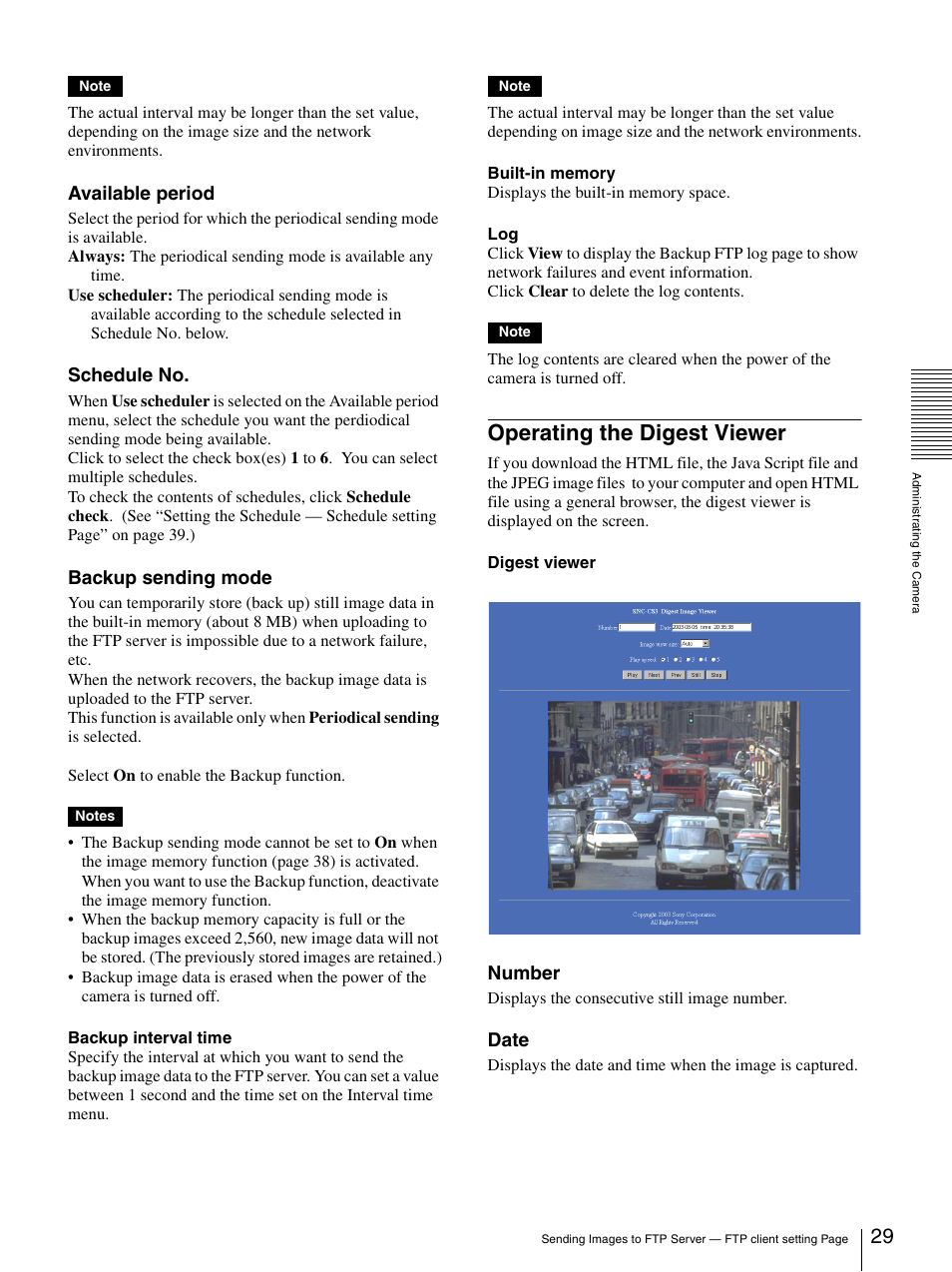 Operating the digest viewer, Available period, Schedule no | Backup sending mode, Number, Date | Sony SNC-CS3N User Manual | Page 29 / 52