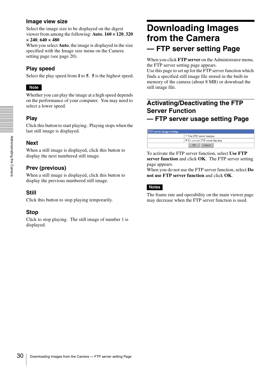Activating/deactivating the ftp server function, Downloading images from the camera, Ftp server setting page | Sony SNC-CS3N User Manual | Page 30 / 52