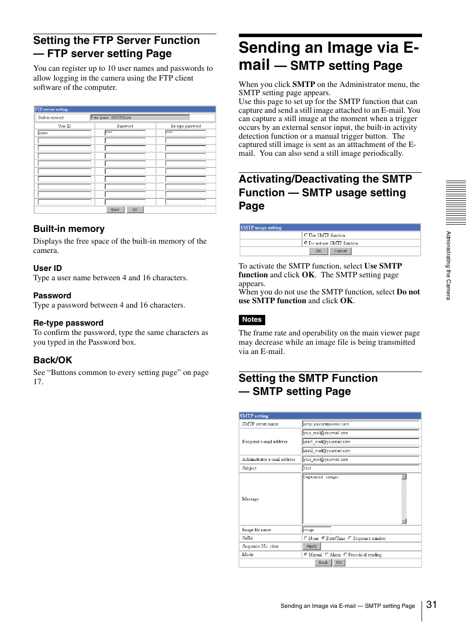 Setting the ftp server function, Activating/deactivating the smtp function, Setting the smtp function | Sending an image via e- mail, Smtp setting page, Setting the smtp function — smtp setting page | Sony SNC-CS3N User Manual | Page 31 / 52