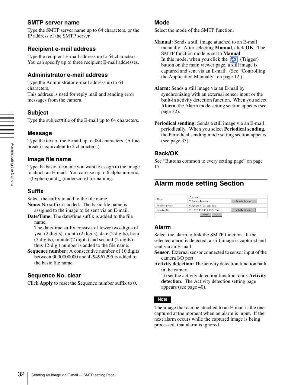 Alarm mode setting section | Sony SNC-CS3N User Manual | Page 32 / 52