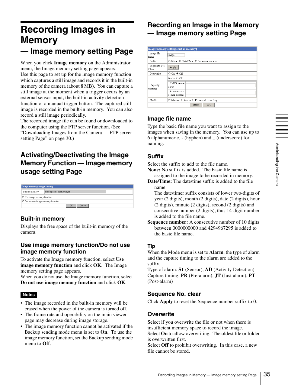 Activating/deactivating the image memory, Recording an image in the memory — image | Sony SNC-CS3N User Manual | Page 35 / 52