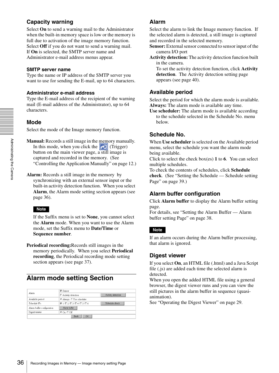 Alarm mode setting section, Capacity warning, Mode | Alarm, Available period, Schedule no, Alarm buffer configuration, Digest viewer | Sony SNC-CS3N User Manual | Page 36 / 52