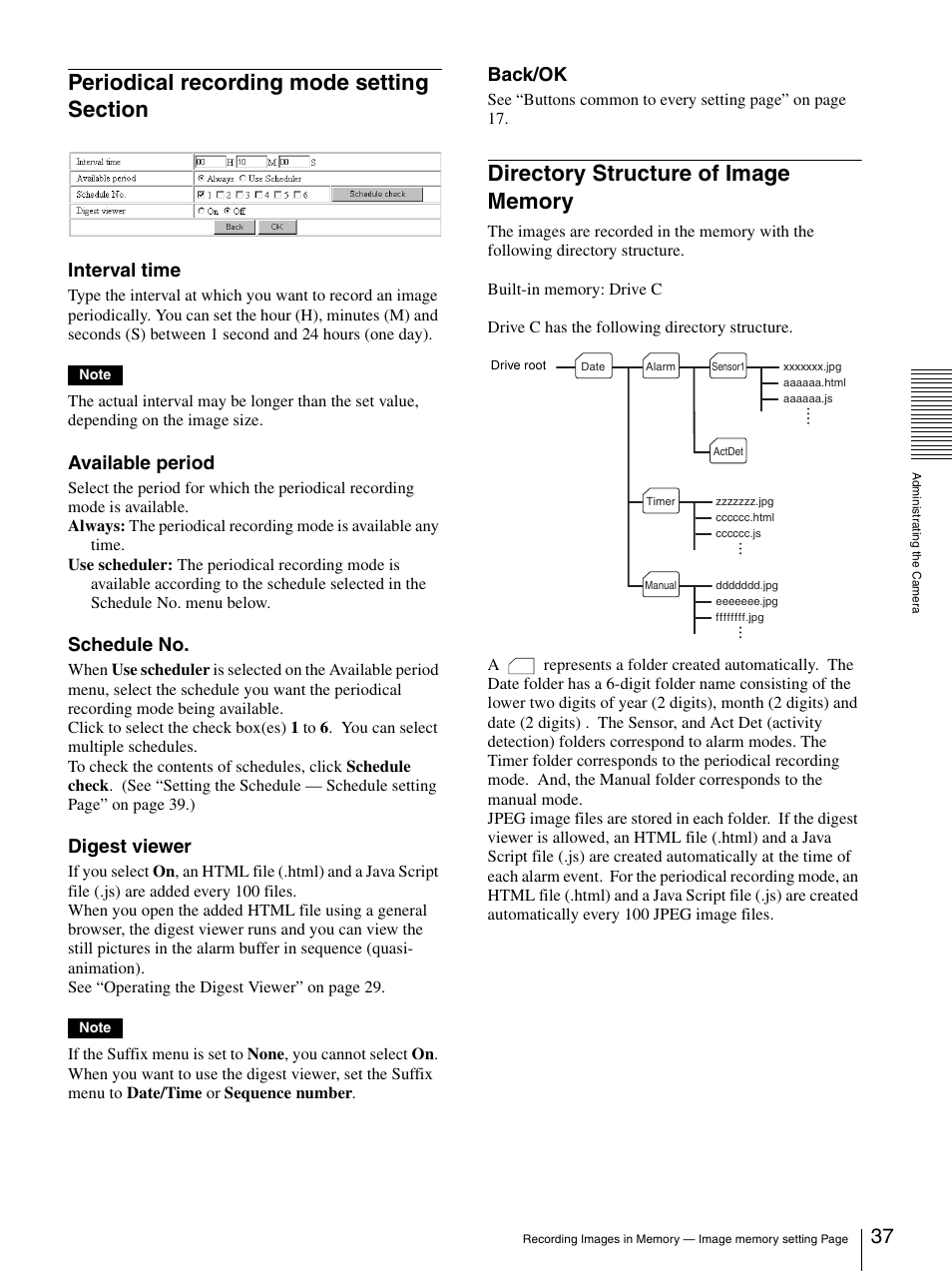 Periodical recording mode setting section, Directory structure of image memory, Interval time | Available period, Schedule no, Digest viewer, Back/ok | Sony SNC-CS3N User Manual | Page 37 / 52