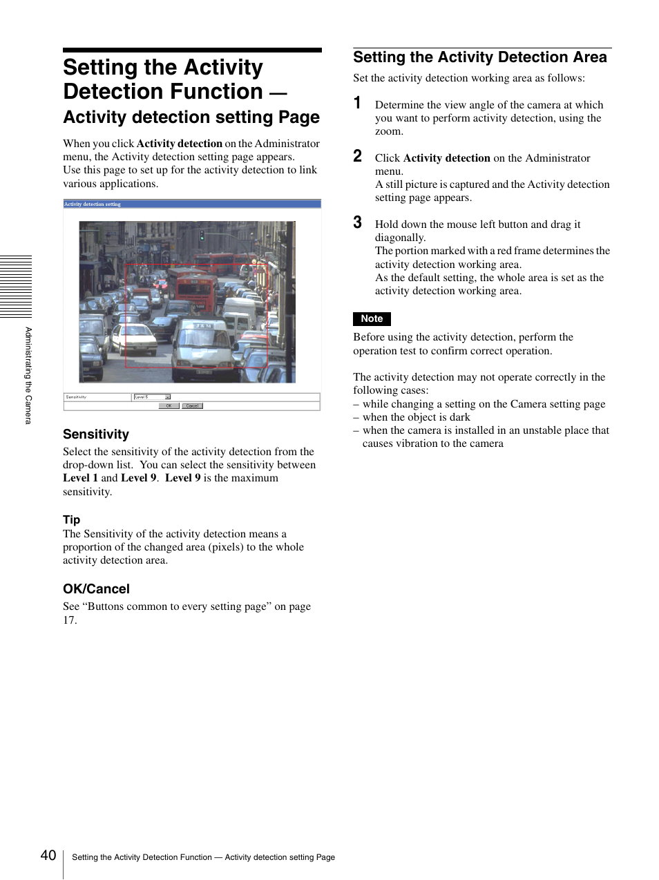 Setting the activity detection area, Setting the activity detection function, Activity detection setting page | Sony SNC-CS3N User Manual | Page 40 / 52