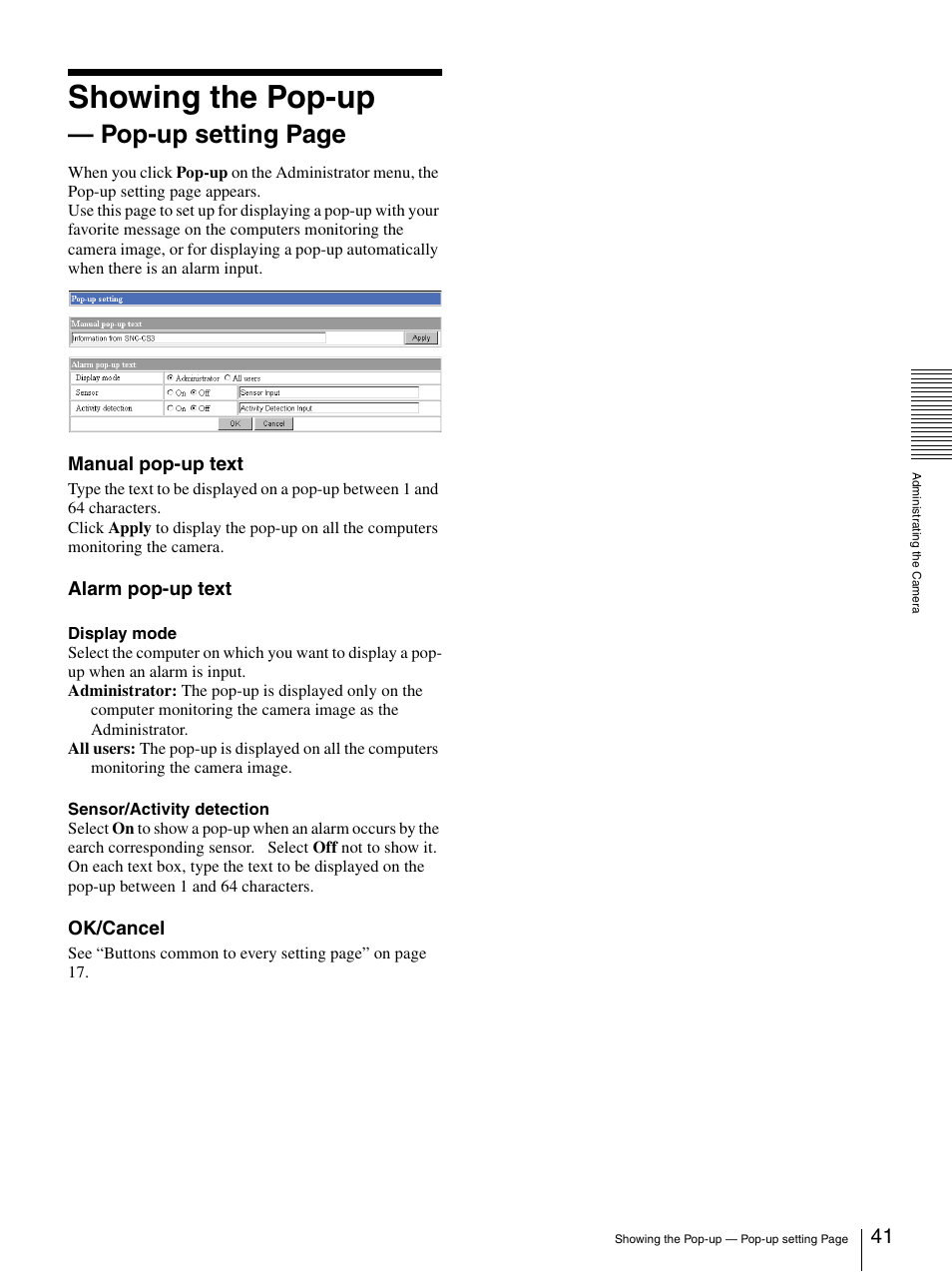 Showing the pop-up, Pop-up setting page, Manual pop-up text | Alarm pop-up text, Ok/cancel | Sony SNC-CS3N User Manual | Page 41 / 52